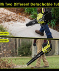 Powerful Cordless Leaf Blower With Dual 4Ah Batteries Fast Charger 580 CFM At 160 MPH 2 Speed Modes in use on patio and yard