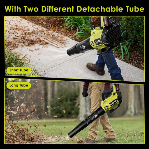 Powerful Cordless Leaf Blower With Dual 4Ah Batteries Fast Charger 580 CFM At 160 MPH 2 Speed Modes in use on patio and yard