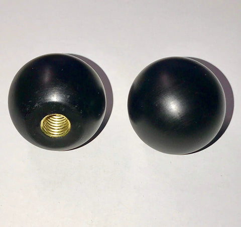 Two black phenolic ABS ball knobs with brass threaded insert; 3/8-16 female thread.