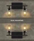 2 Light Black Industrial Bathroom Vanity Light Over Mirror Wall Sconce With Clear Glass Shades showing dual mounting options