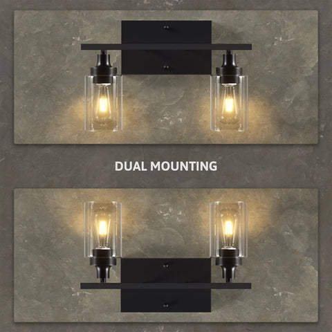 2 Light Black Industrial Bathroom Vanity Light Over Mirror Wall Sconce With Clear Glass Shades showing dual mounting options