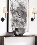 Rustic Vintage Wall Sconce Set Of 2 with Flared Funnel Linen Shade Matte Black beside abstract art and vases