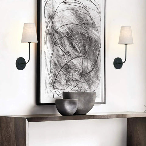 Rustic Vintage Wall Sconce Set Of 2 with Flared Funnel Linen Shade Matte Black beside abstract art and vases