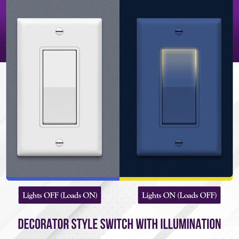 Illuminated Decorator Paddle Light Switch Single Pole No Fuss Push In Or Side Wiring Copper Wire Only Grounding Screw Residential Grade