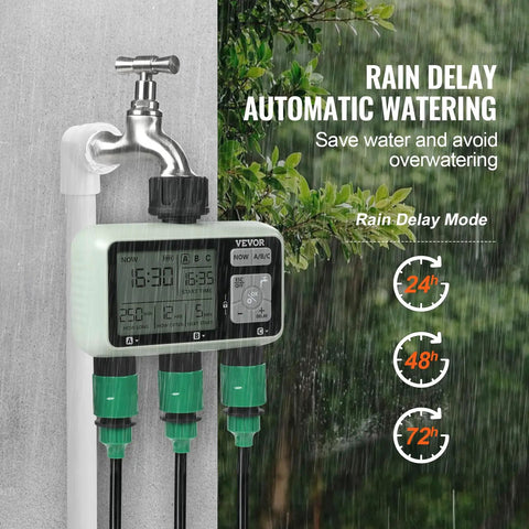 Three Zone Hose Water Timer with LCD display and rain delay settings, showing 3 independent outlets beneath a faucet connection.