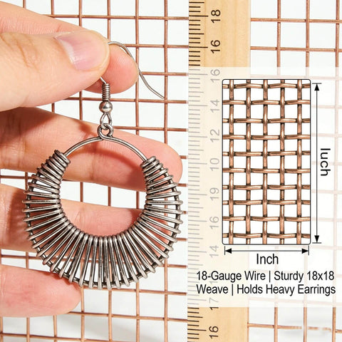 DIY Copper Mesh Jewelry Organizer Sheet 8.2 By 11.8 Inches 18 mesh earring display grid with a metal earring and ruler measurement