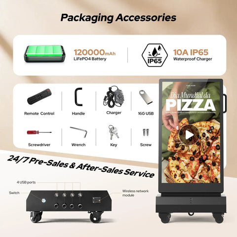 Packaging accessories for Street Smart 43 Inch Outdoor Double Sided Digital Signage including battery and remote control.