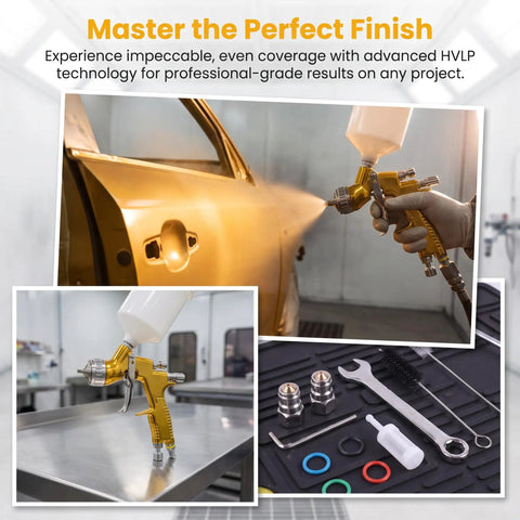 Smooth Operator Gold Toned Pneumatic Hvlp Paint Spray Gun With 1.3Mm And 1.8Mm Stainless Steel Nozzles and 600Ml Cup in use spraying car.
