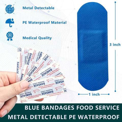 Hand holding 100 Pcs blue bandages 3 by 1 inch metal detectable waterproof PE adhesive bandages for food handling and kitchen