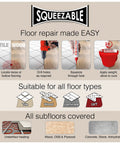 Infographic showing steps for using All In One Floor Repair Adhesive For Loose Hollow Tiles And Creaky Wood From A Simple Squeeze Tube