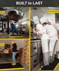 Industrial 15/16 Inch Extra Thick Anti Fatigue Floor Mat Built For Heavy Duty Jobs, Diamond Plate Non Slip Ergonomic Standing Mat In Black With Yellow Edge, Perfect For Workbench, Shop, Kitchen, Warehouse 3 By 5 Feet shown in automotive, kitchen, and warehouse settings.