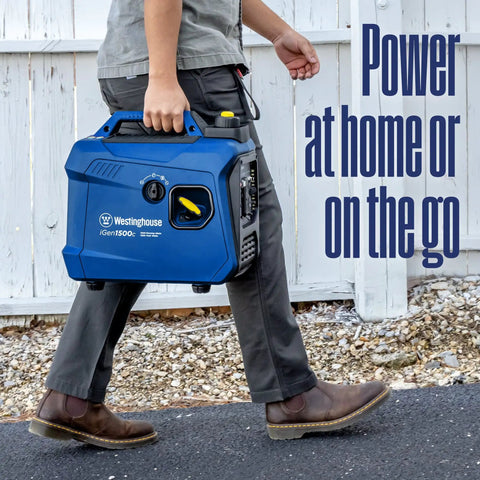Person carrying Beast 1500 Peak Watt Portable Inverter Generator, Ultra Quiet and Lightweight, Blue Finish for Home Backup