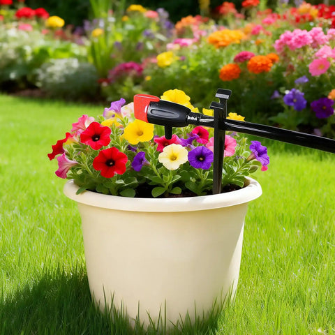 Drip irrigation stake supporting tubing in a flower pot, part of 100 Pieces Drip Irrigation Stakes For 1/4 Inch Tubing, 5.68 Inch Long Plastic Stakes