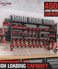 49.8 Inch Wide Heavy Duty Power Tool Organizer Wall Mount With Four Shelves, 18 Cordless Drill Holders, 600 Lb Capacity