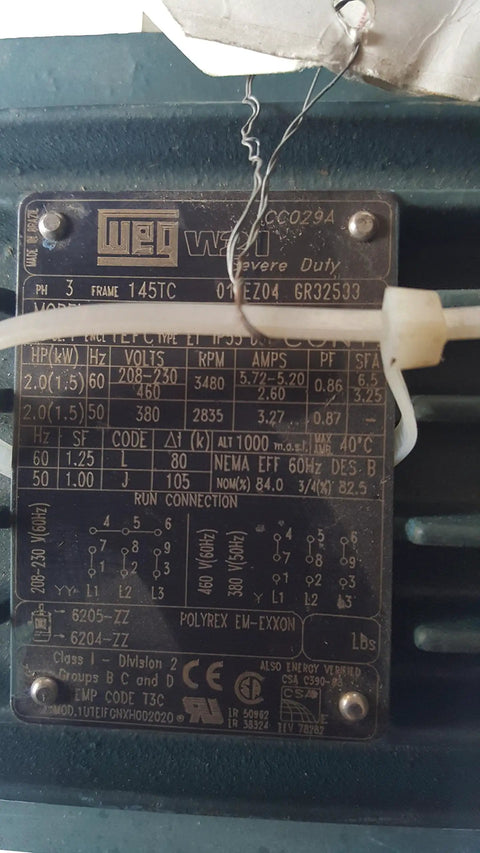 Nameplate of 2HP 460V 3-Phase AC Electric Motor, 1165 RPM, 184T Frame, W21 Design, Model 00212EP3E184T Heavy-Duty Industrial Motor