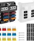 Six Way Fuse Block With LED Indicator 12V Marine Fuse Box For RV Boat Motorcycle And Your Ride 6 Circuit Blade Fuse Block With Waterproof Cover Includes 12 Fuses And Tip Stickers, black cover