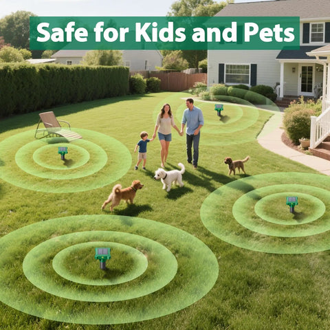 Family with dogs in yard with Solar Powered Mole And Gopher Deterrent Eight Pack With Ultrasonic Waves And Ground Vibrations For Lawns And Yards