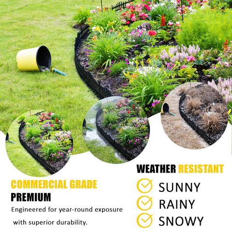 Flexible Garden Edging Border Kit 33 Ft Black Lawn Edging With 60 Stakes shown in a garden setting with flowers and grass
