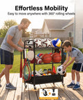 Father and son organizing sports gear in Rolling Ball Storage Cart And Sports Gear Organizer For Garage And Home Gym Indoor And Outdoor Use Holds Basketballs Soccer Balls Baseballs Plus Helmets And Gloves In A Sturdy Nylon Bin With Easy Assembly Hooks And Wheels on patio