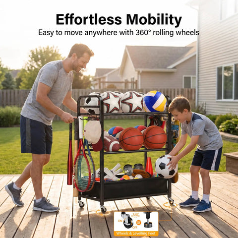 Father and son organizing sports gear in Rolling Ball Storage Cart And Sports Gear Organizer For Garage And Home Gym Indoor And Outdoor Use Holds Basketballs Soccer Balls Baseballs Plus Helmets And Gloves In A Sturdy Nylon Bin With Easy Assembly Hooks And Wheels on patio