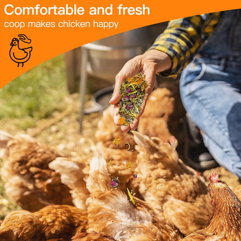 Person holding Natural Chicken Hen House Bedding With Herbs And Flowers for Odor Control, surrounded by chickens.