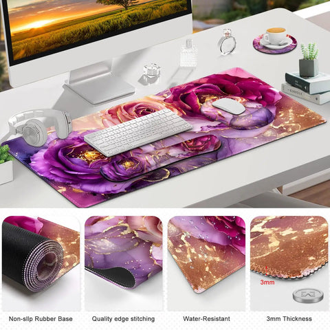 Ultra Large Gaming Mouse Pad Desk Mat With 4 In 1 Ergonomic Wrist Rests And Coaster Set XXL Keyboard Wrist Rest Mouse Pad Combo For Home Office Marble Rose Purple Flowers Design displayed on a desk with accessories.