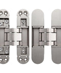 Sleek Concealed Door Hinges In Satin Nickel Finish Featuring A Zero Gap Flush Mount Design, detailed view showing adjustable features.