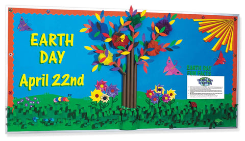 Bulletin board with Earth Day theme, bordered by Azure Scalloped Decorative Border Roll, 2.25 X 50 Feet, 3D tree and flowers