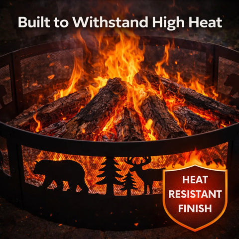 36 Inch Heavy Duty Wood Burning Fire Pit Ring With Decorative Wildlife Design for outdoor bonfire and campfire use