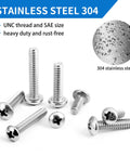 All In One 720 Piece Stainless Steel Machine Screw Set With Phillips Pan Head Nuts Bolts And Flat Washers In Durable Case In Sizes Ten Twenty Four Eight Thirty Two Six Thirty Two And Four Forty, showcasing different stainless steel screws and bolts on a white background with a close-up of stainless steel material texture.