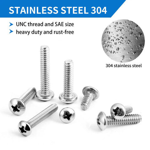All In One 720 Piece Stainless Steel Machine Screw Set With Phillips Pan Head Nuts Bolts And Flat Washers In Durable Case In Sizes Ten Twenty Four Eight Thirty Two Six Thirty Two And Four Forty, showcasing different stainless steel screws and bolts on a white background with a close-up of stainless steel material texture.