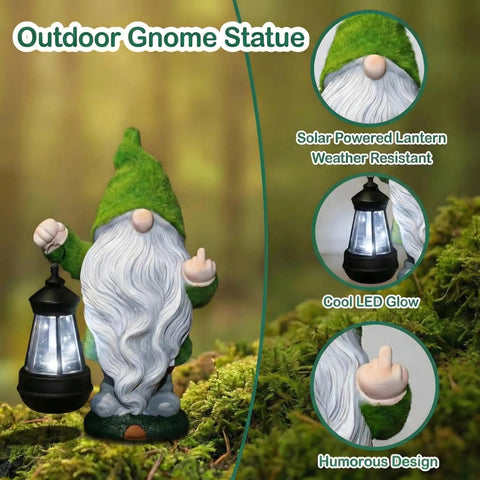Angry Dude Gnome With Solar Lights, Large Funny Garden Statue For Outdoors, Patio, Yard And Lawn, holding lantern and showing gesture