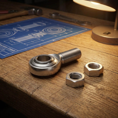 3/4 Inch Steel Heim Joint Rod End With Two Nuts And Right Hand Thread For Quick Installation on wooden table with blueprint