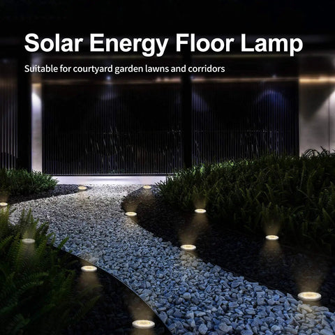 Solar Ground Lights 12 Pack With 8 LED Waterproof Disk Pathway Lights illuminating a garden path at night.