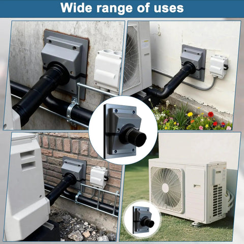 Built Tough HVAC Wall Penetration Cover And Line Set Cover Kit Crafted From UV Resistant ABS For Solid AC Duct Coverage With A Quick Seal That Works Like A Charm In Sleek Grey, showcased in various outdoor settings.