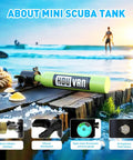 Pocket Size 0.5L Inflatable Mini Scuba Tank Portable Dive Gear DOT Certified on dock with accessories and ocean backdrop
