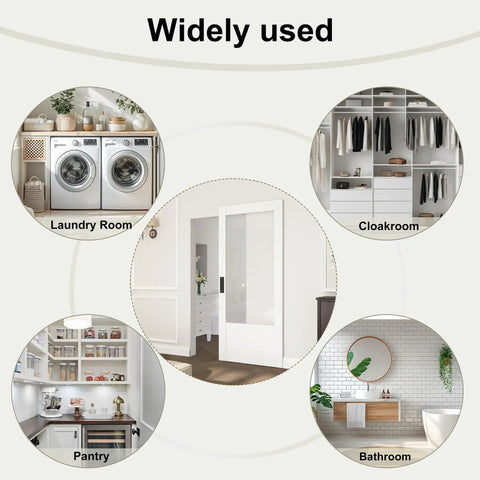36 by 84 Inch Concealed Sliding Barn Door Featuring Frosted Glass Panels and Hidden Hardware to Keep Your Walls Dang Clean used in Laundry Room, Cloakroom, Pantry, Bathroom.