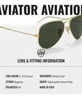 RB3025 Pilot Shape Non Polarized Sunglasses with G15 green lens, gold frame, side view, includes official eyewear kit