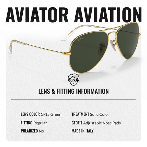 RB3025 Pilot Shape Non Polarized Sunglasses with G15 green lens, gold frame, side view, includes official eyewear kit