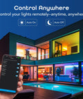Smartphone app controlling Prisma Plus 800 Dimmable Smart Light Bulbs 4 Pack With 2.4 GHz Wi Fi Color Changing Tunable White A19 LED Smart Bulbs Works With Alexa And Google Assistant, multicolor lighting in modern home exterior.