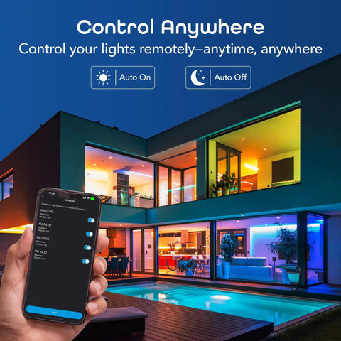 Smartphone app controlling Prisma Plus 800 Dimmable Smart Light Bulbs 4 Pack With 2.4 GHz Wi Fi Color Changing Tunable White A19 LED Smart Bulbs Works With Alexa And Google Assistant, multicolor lighting in modern home exterior.