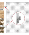 Set Of 2 Beefy Wall Mount Gate Hinges For Outdoor Chain Link Fence Stainless Steel Finish attached to wood and concrete surfaces