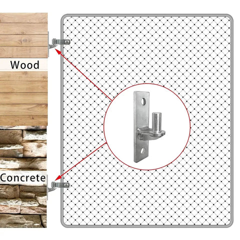Set Of 2 Beefy Wall Mount Gate Hinges For Outdoor Chain Link Fence Stainless Steel Finish attached to wood and concrete surfaces