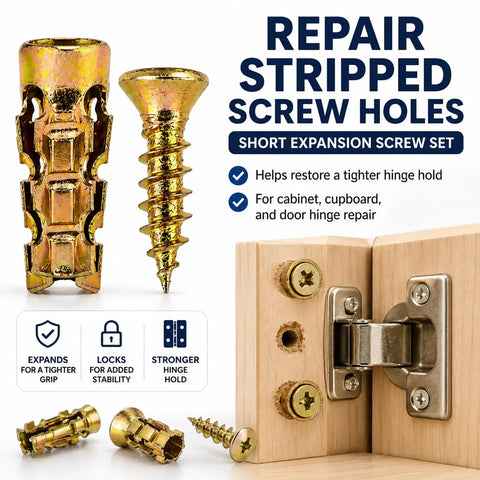 6 By 14 Mm Short Expansion Screw Set For Cabinet Hinges Repair Kit, screws and anchor fixing hinge in wood close-up.