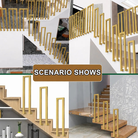 U Shape Stair Railing Indoor Outdoor Heavy Duty Galvanized Steel Handrail Wrought Iron Style in various settings.