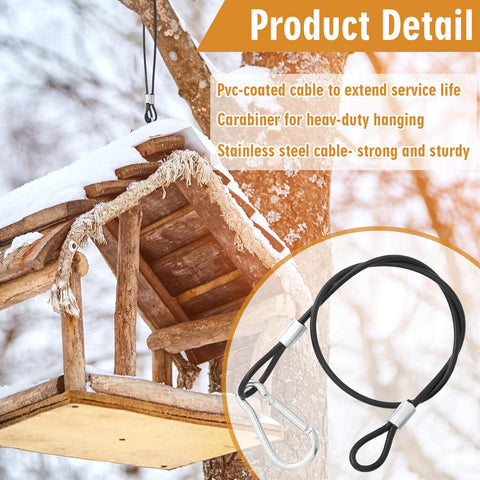 Heavy Duty 18 Inch Stainless Steel Hanging Cable With Carabiner Hooks 4 Pack Bird Feeder Wire For Outdoor Decor Bird Feeders Planters Lanterns Yard Decor Easter Displays shown with wooden birdhouse in snow-covered tree.