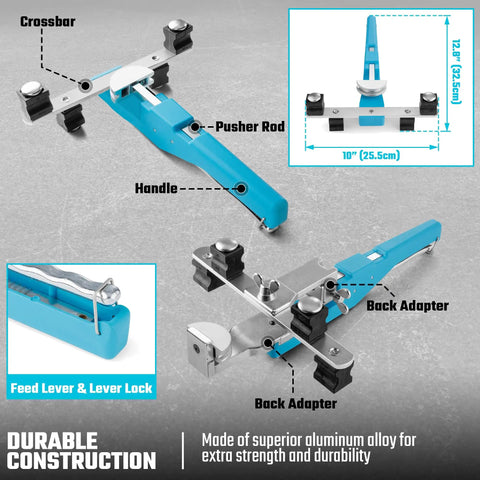 Duratech Heavy Duty Ratcheting Tube Bender Kit With Pipe Cutter And Deburrer. Detailed view of hydraulic tubing bender components and measurements.