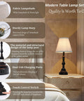 Sleek Black Table Lamps Set of 2 with fabric shade, touch control, USB ports, and dimmable LED on a nightstand