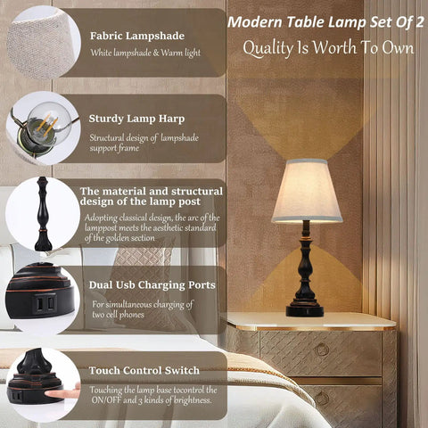 Sleek Black Table Lamps Set of 2 with fabric shade, touch control, USB ports, and dimmable LED on a nightstand