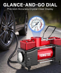 Beefy 12V Double Cylinder Tire Inflator With Direct Drive Portable Air Compressor Pump next to car wheel showing pressure gauge